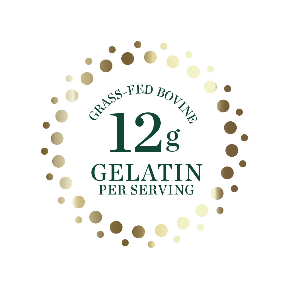 Grass-fed bovine gelatin emblem displaying 12g per serving details.