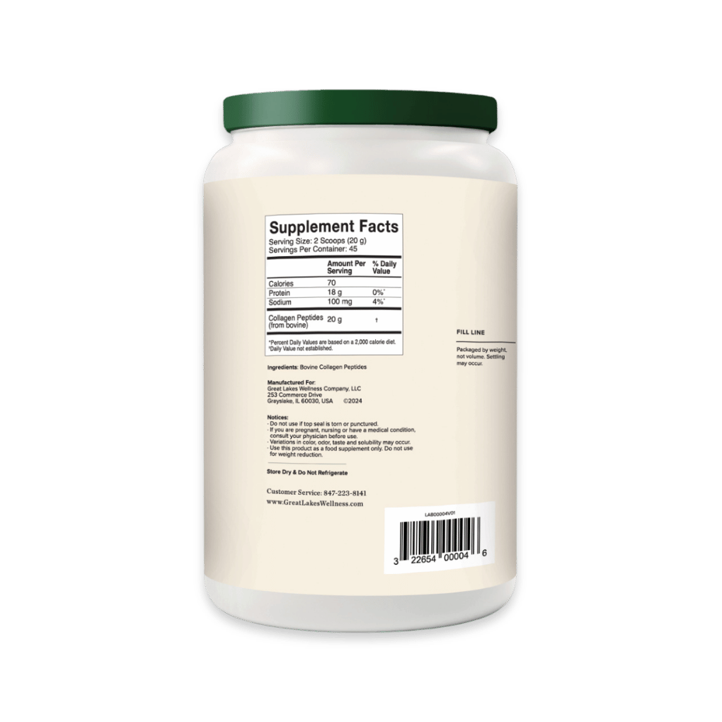 32oz jar of collagen peptides with 20g grass-fed collagen per serving, aiding skin, hair, and joints.