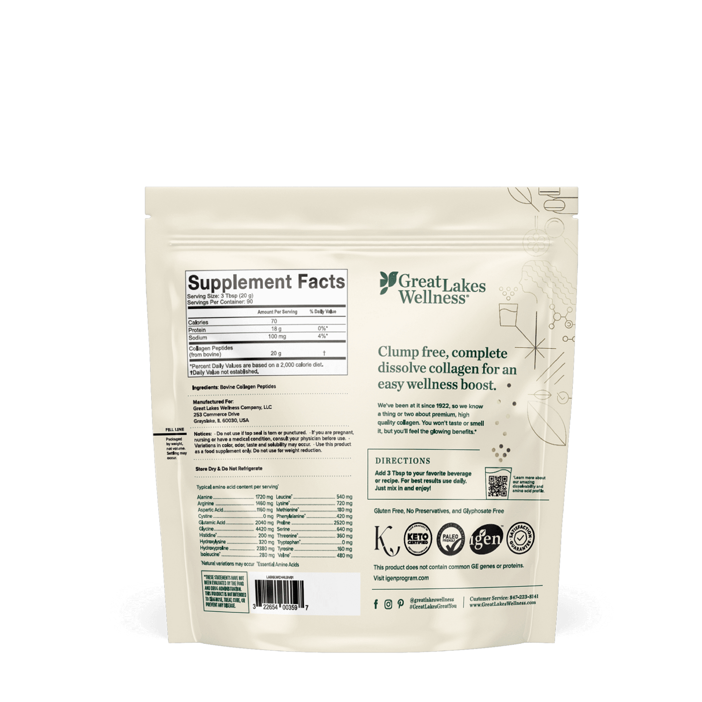 4lb Collagen Peptides bag with 20g grass-fed collagen per serving, dissolves fast, supports skin, hair, nails, joints, digestion, 90 servings.
