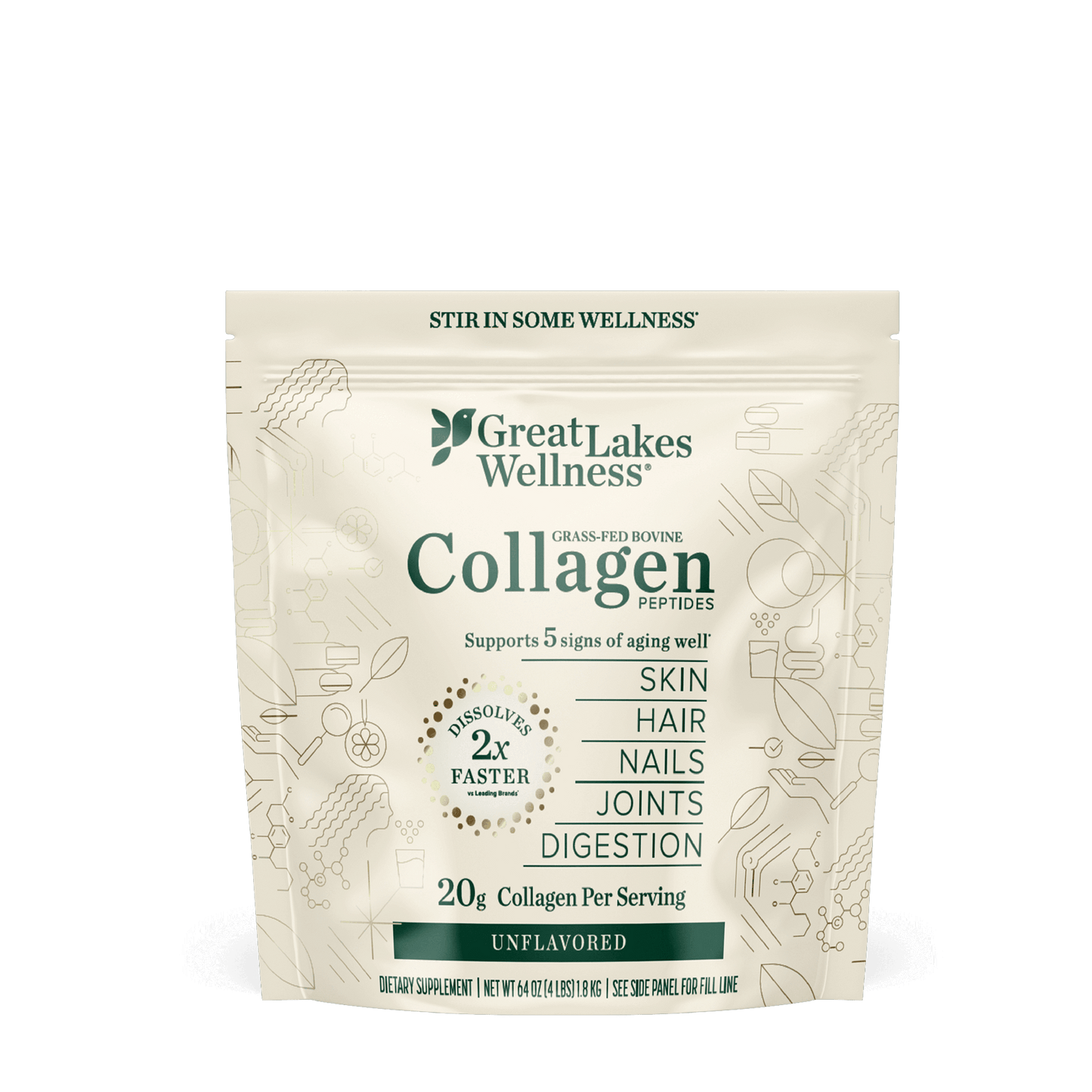 4lb bag of Great Lakes Wellness Collagen Peptides, grass-fed, supports skin, hair, nails, joints, and digestion, 90 servings.