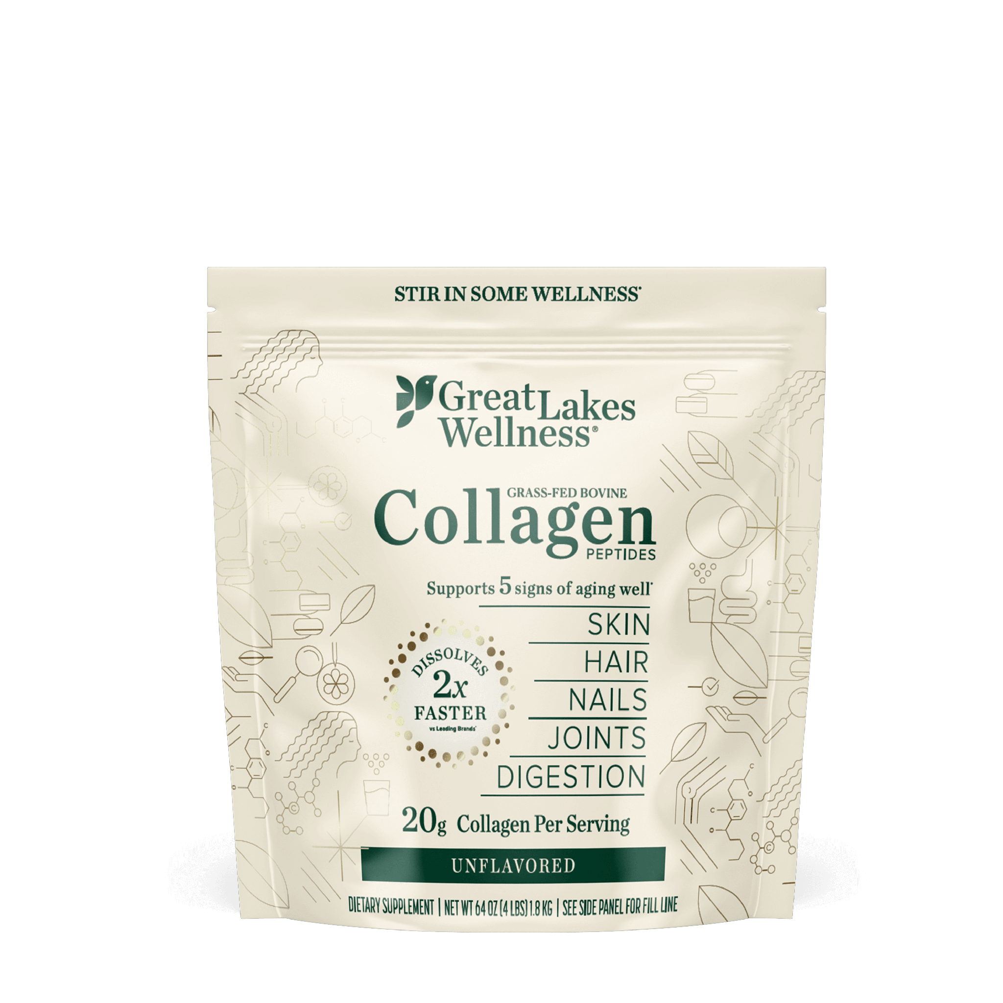 4lb Collagen Peptides by Great Lakes Wellness, grass-fed bovine collagen, supports skin hair nails joints digestion, dissolves fast, unflavored, 90 servings