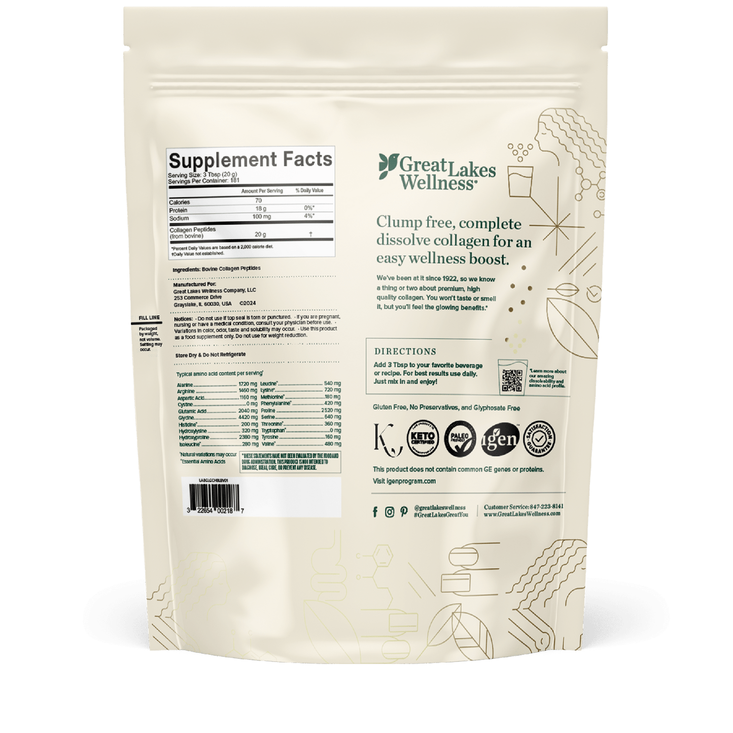 8lb bag of collagen peptides by Great Lakes Wellness, featuring supplement facts and usage directions on the packaging.
