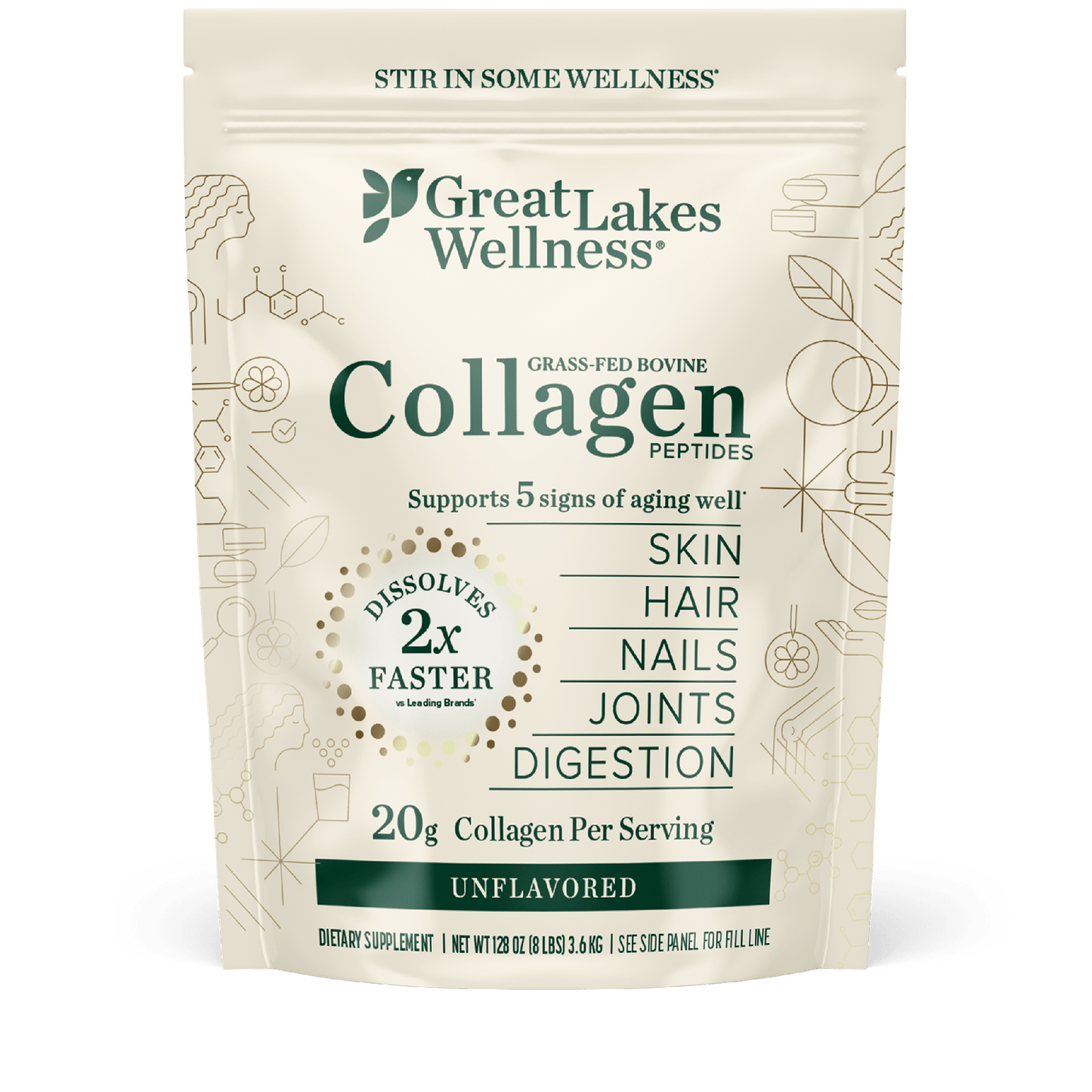 8lb collagen peptides package, 181 servings, supports hair, skin, nails, joints, dissolves in beverages.