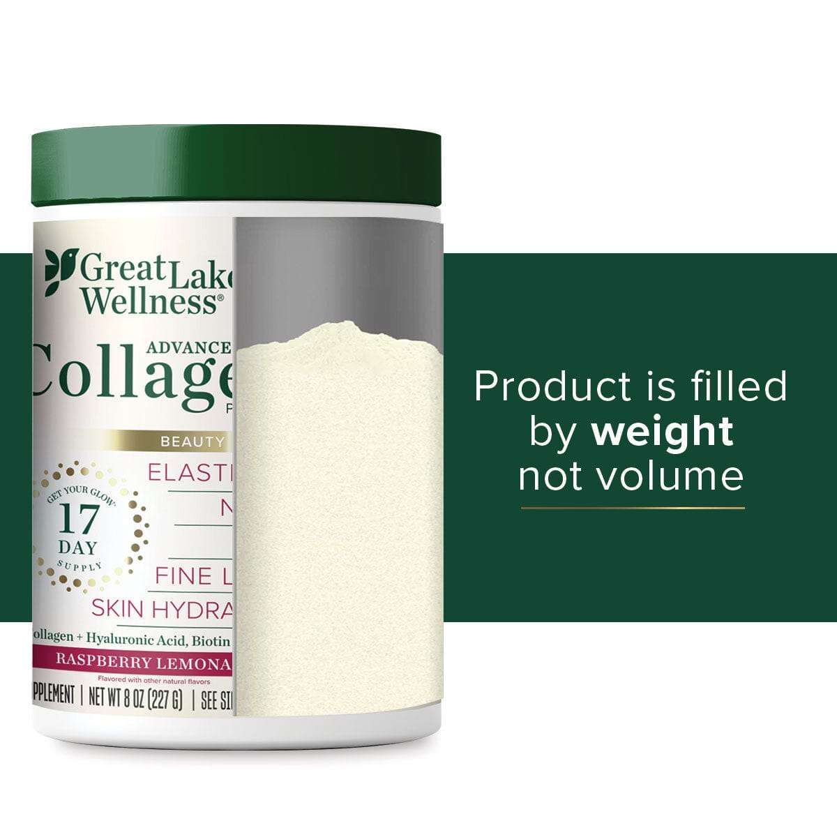 Beauty Boost Advanced Collagen Peptides bottle in Raspberry Lemonade flavor, 17-day supply, supports hair, skin, and nail health.