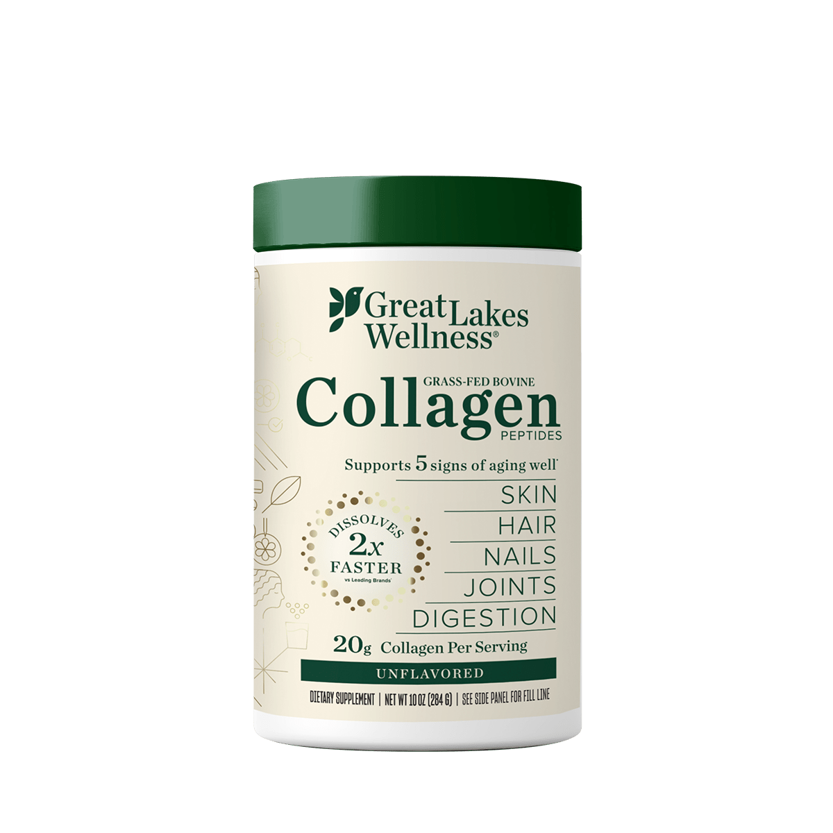 10oz tub of Great Lakes Wellness grass-fed collagen peptides supporting skin, hair, nails, joints, and digestion.