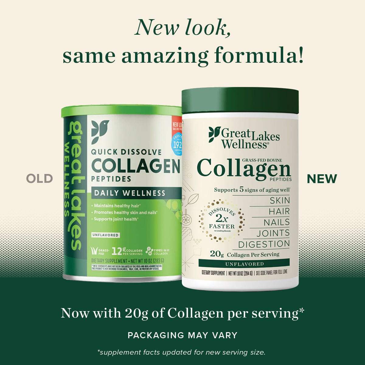 10oz Collagen Peptides tub, supports skin, hair, nails, joints, digestion, 20g per serving, grass-fed, dissolves fast.