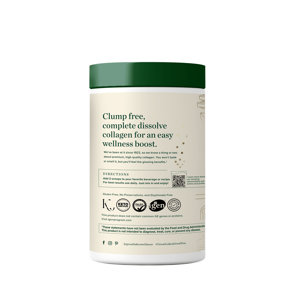 10oz Collagen Peptides tub, supporting skin, hair, nails, joints, and digestion with 20g grass-fed collagen per serving.