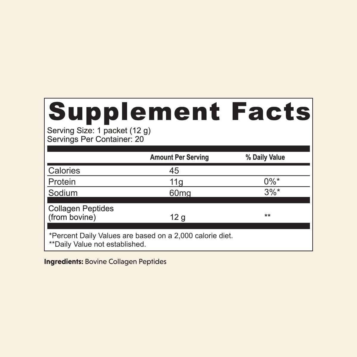 20ct Collagen Peptides Stick Pack with 12g grass-fed peptides, supports skin, hair, nails, joints, and digestion, 20 single-serve sticks per carton.