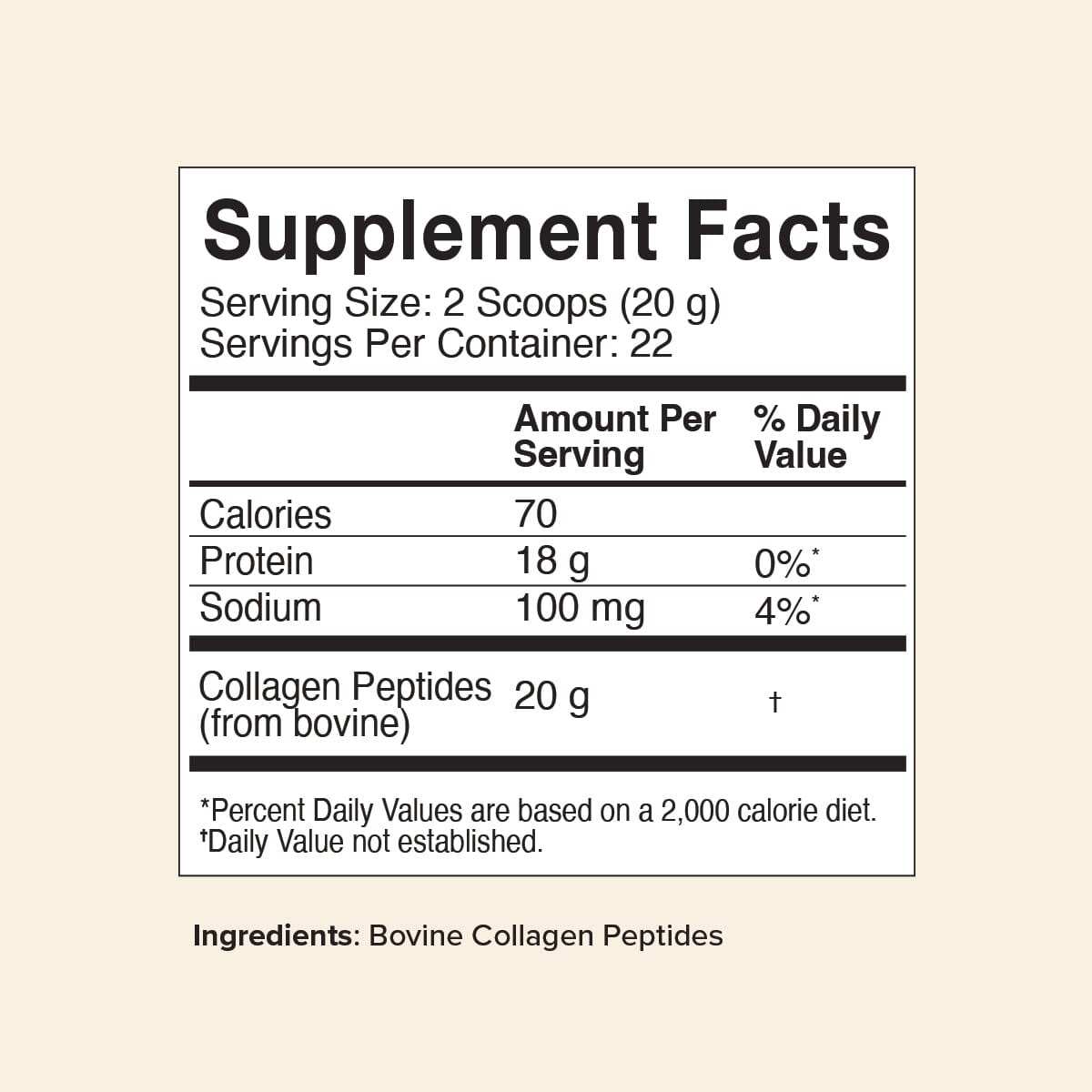 16oz Collagen Peptides 2-pack supplement facts label with nutrition details.