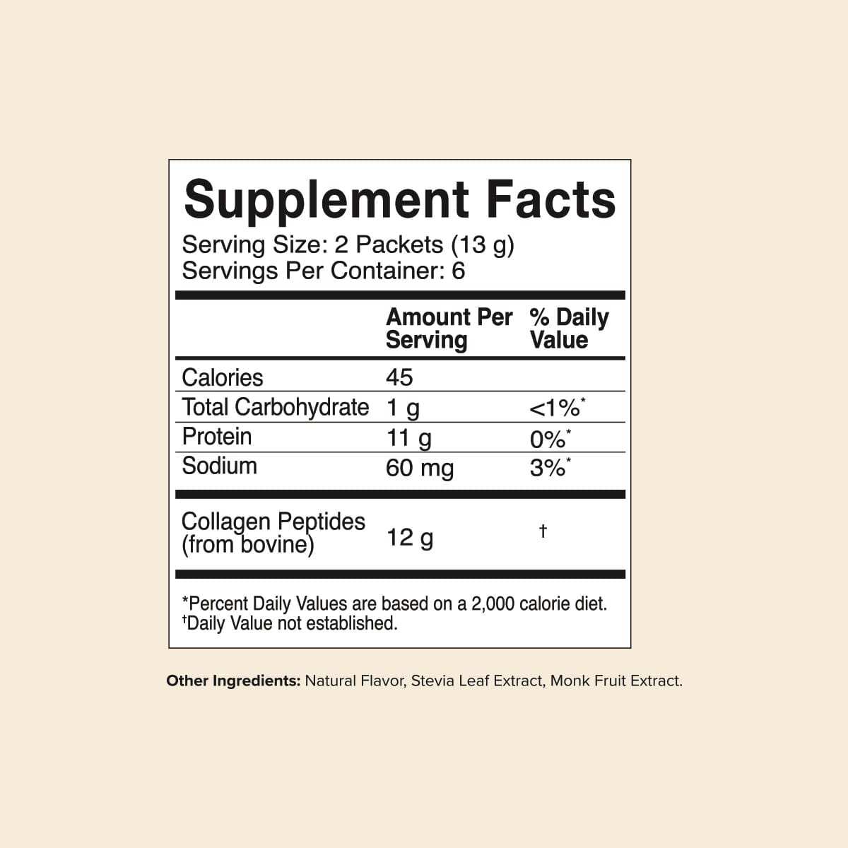 Supplement facts for 12ct Flavored Collagen Peptide Variety Pack, including nutrition details and ingredients.