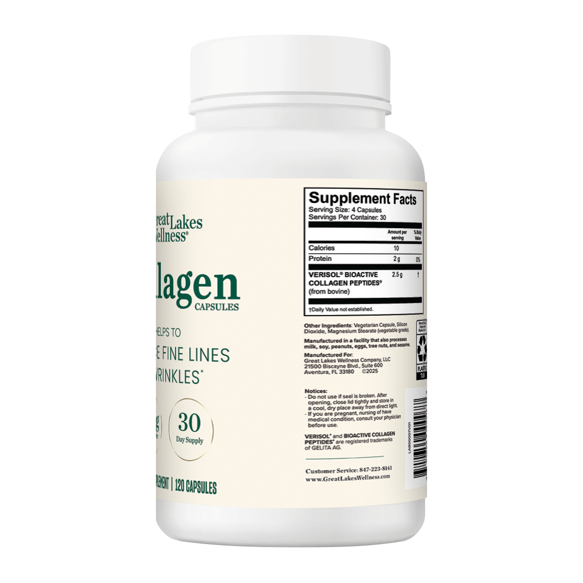 Great Lakes Wellness Collagen Capsules bottle with 120 capsules for skin and hair health