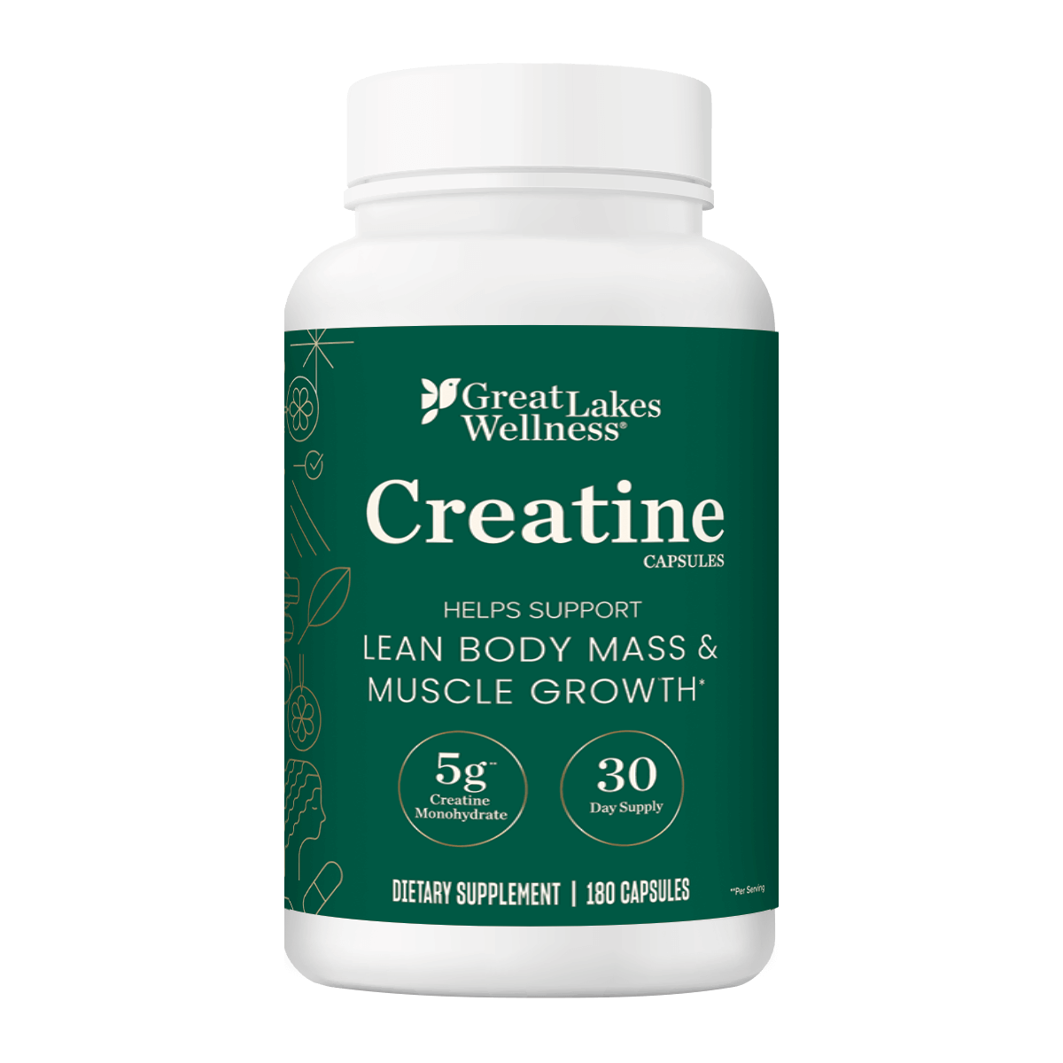 Great Lakes Wellness Creatine Capsules for lean body mass and muscle growth, 180 capsules, 30-day supply