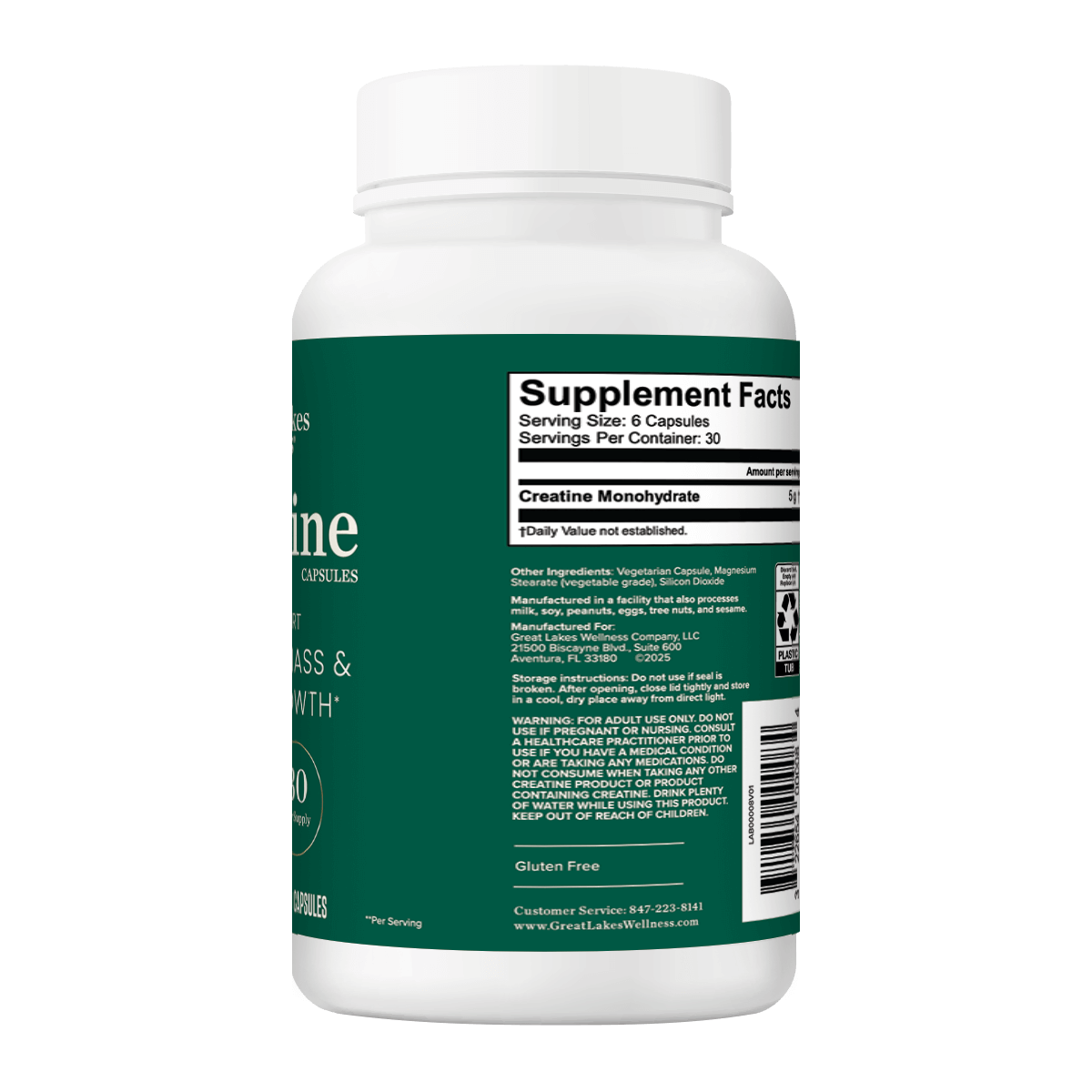 Bottle of Great Lakes Wellness Creatine Capsules with supplement facts label showing 5g Creatine Monohydrate per serving and 180 capsules per bottle