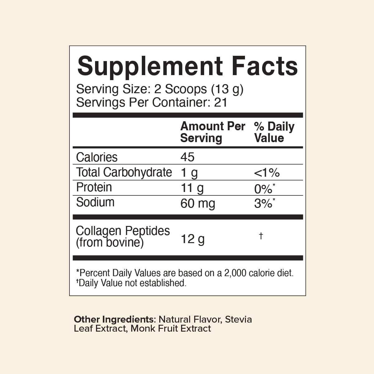 Supplement facts of Chai Collagen Peptides with nutritional details including 12g collagen per serving.