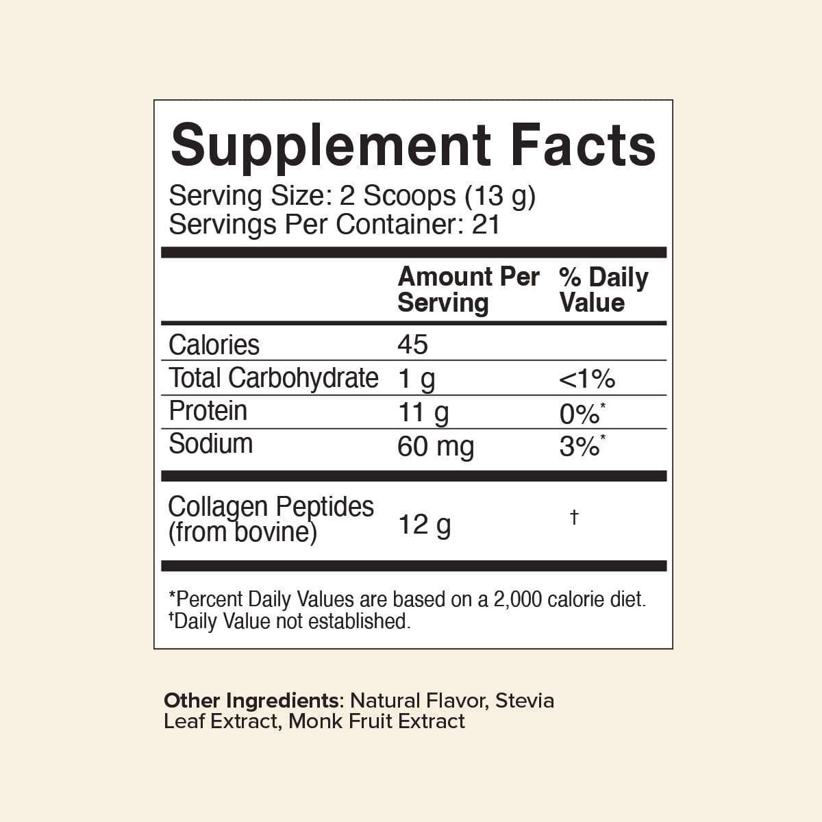 Supplement facts for Chocolate Collagen Peptides showing calorie, carbohydrate, protein, and sodium content per serving.