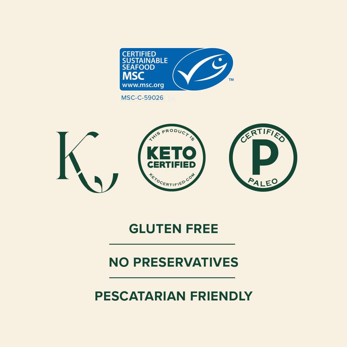8oz sustainable marine collagen peptides packaging with MSC, Keto, Paleo certifications; gluten-free, no preservatives, pescatarian-friendly.