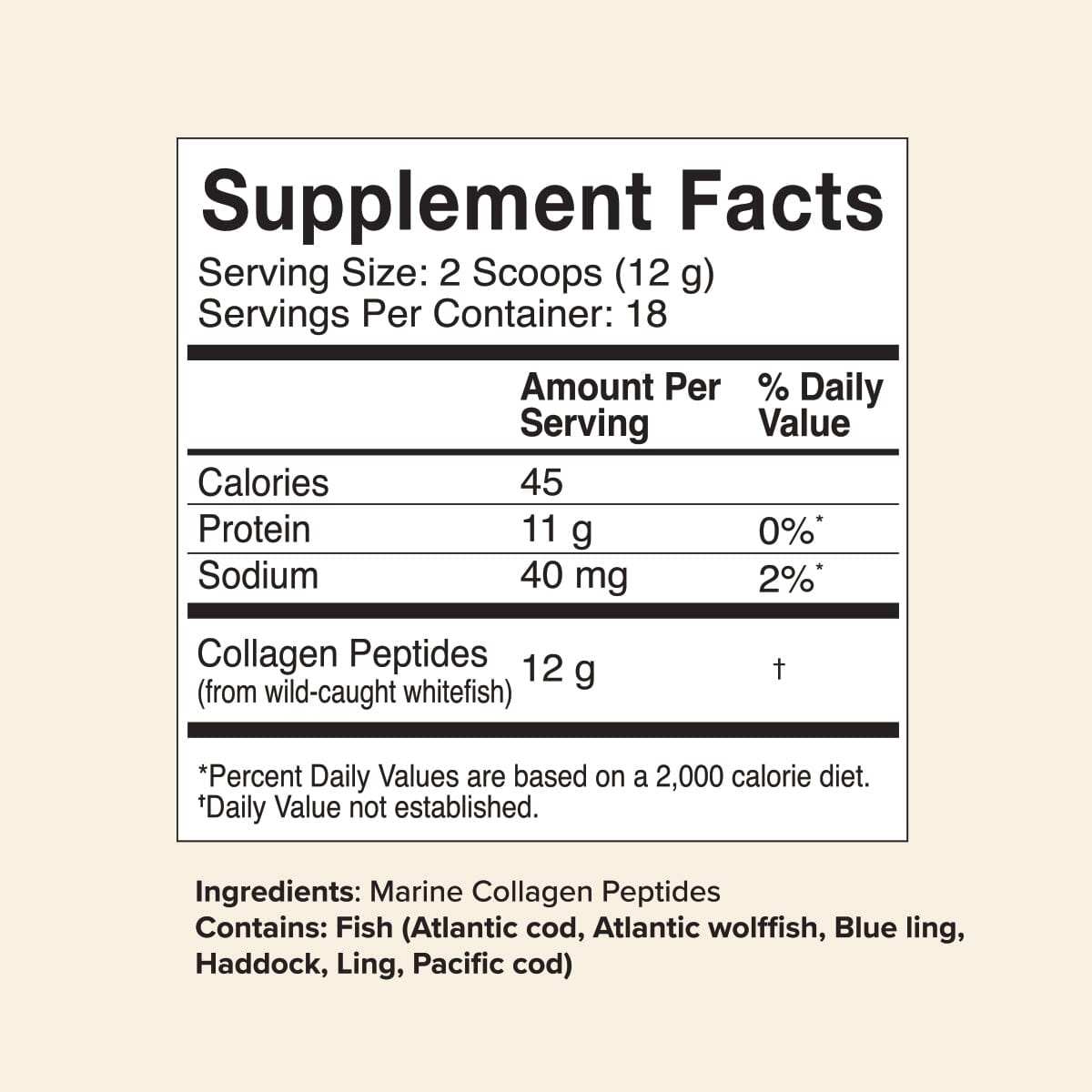 8oz Sustainable Marine Collagen Peptides supplement facts label, including 12g wild-caught collagen per serving.