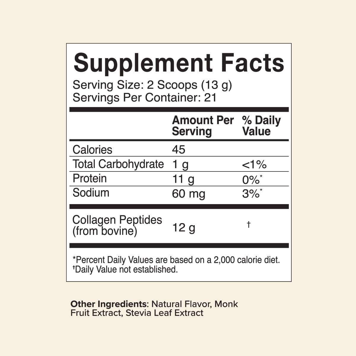 Supplement facts label for Vanilla Collagen Peptides, highlighting 12g grass-fed collagen per serving, supporting skin, hair,