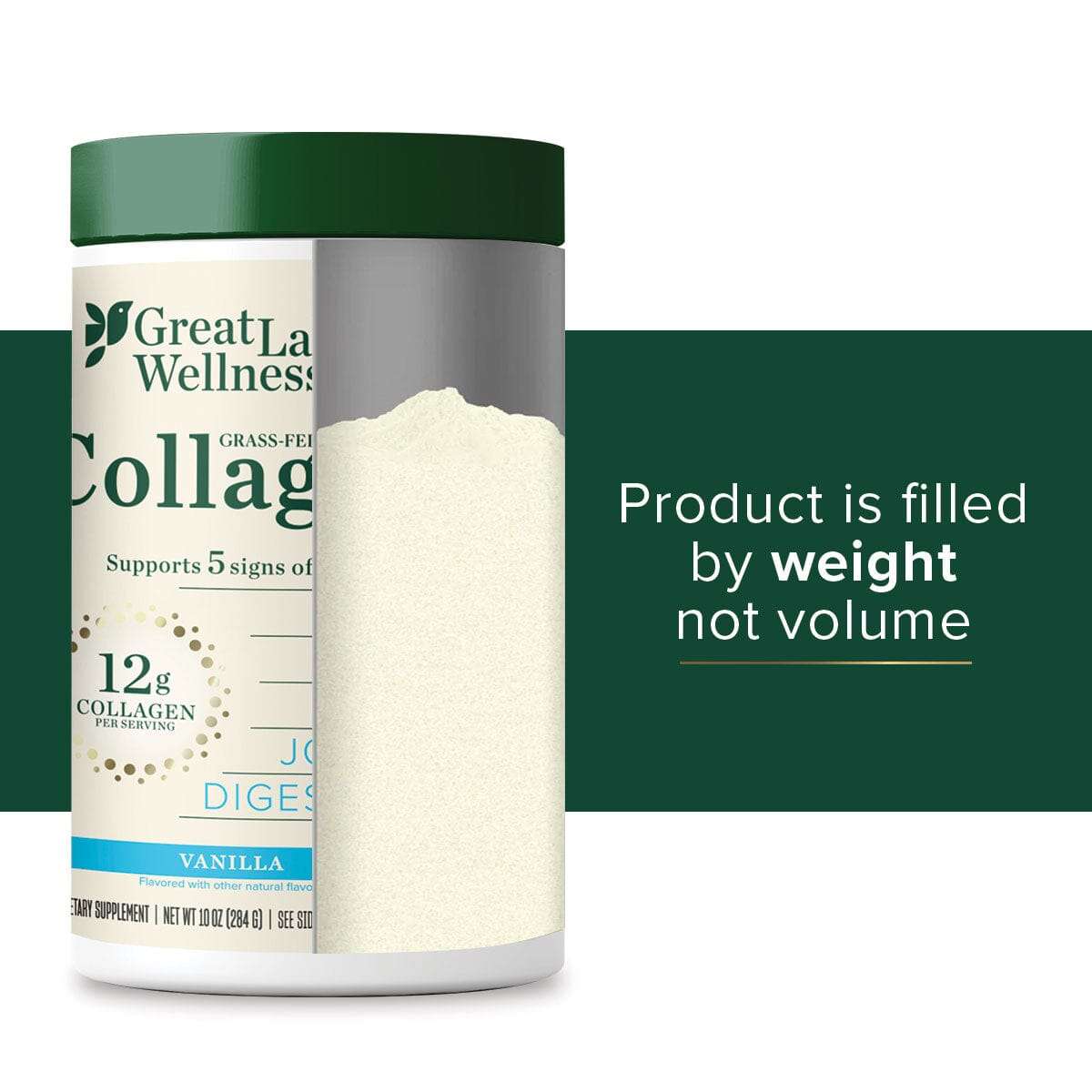 Vanilla Collagen Peptides container, grass-fed collagen, supports skin, hair, nails, joints, digestion, 21 servings.