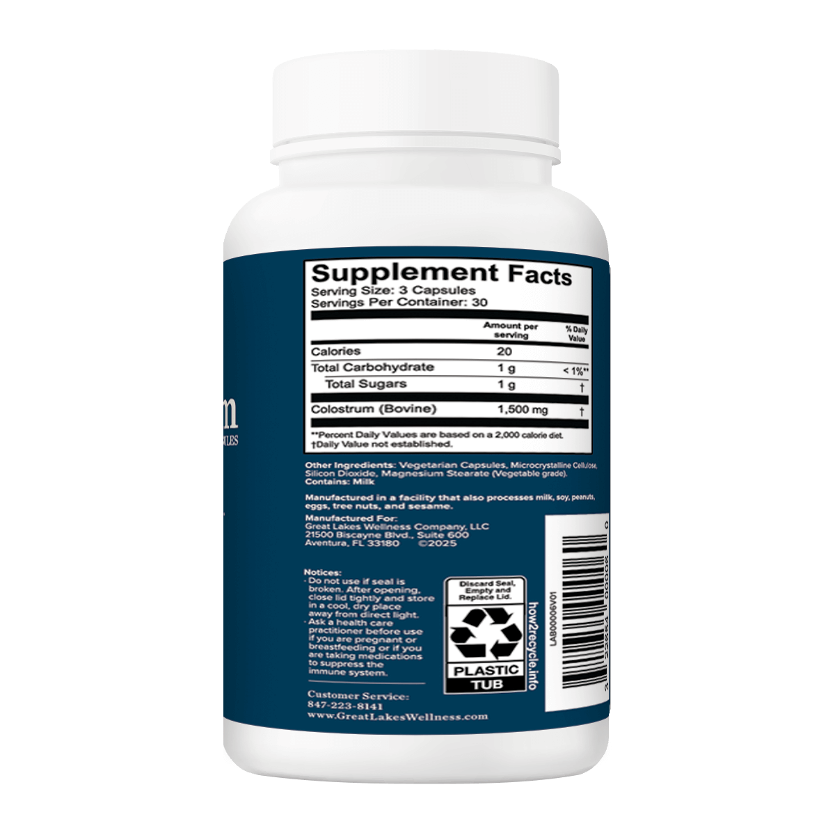 Colostrum Capsules bottle back label showing supplement facts and ingredients for immune support.
