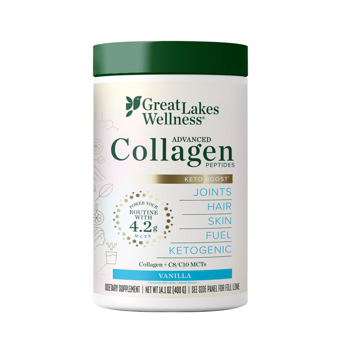Keto Boost Advanced Collagen Peptides tub with vanilla flavor, 9g collagen per serving, 4.2g MCTs, supports keto diet, non-dairy creamer, 25 servings.