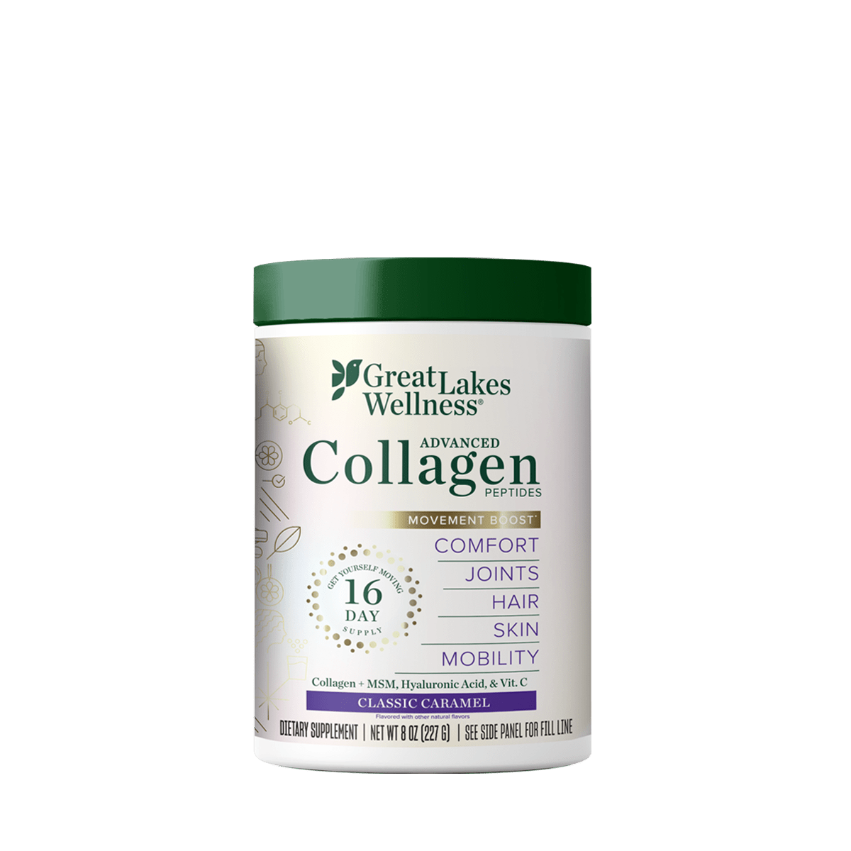 Movement Boost Advanced Collagen Peptides supplement with FORTIGEL®, MSM, Hyaluronic Acid, Vitamin C, Classic Caramel Flavor, 12g collagen per serving.