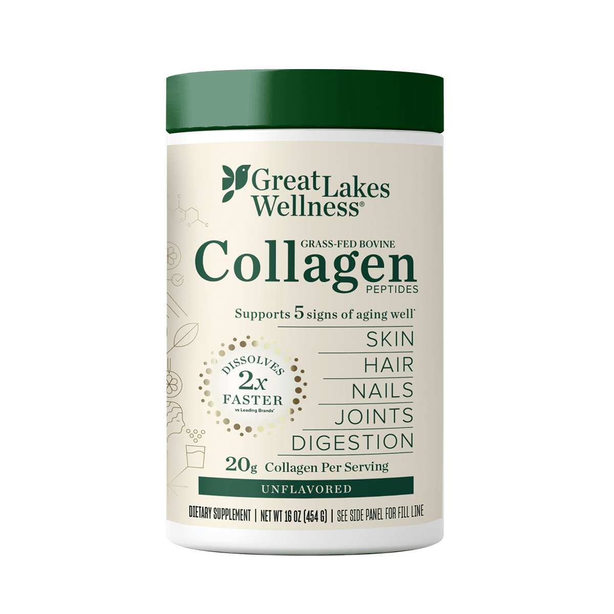 16oz bottle of grass-fed collagen peptides for skin, hair, nails, joints, and digestion support.