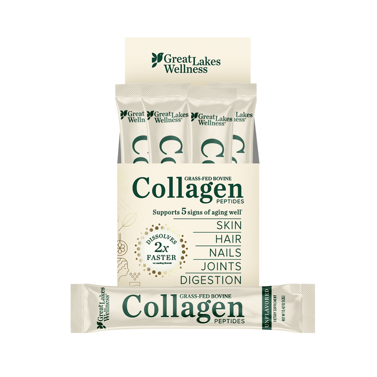20ct Collagen Peptides Stick Pack with 12g grass-fed peptides per serving, faster dissolving, supporting skin, hair, nails, joints, digestion.