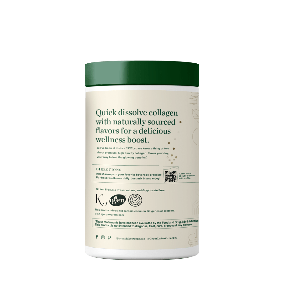 Chai Collagen Peptides container with green lid featuring quick dissolve formula and naturally sourced flavors.
