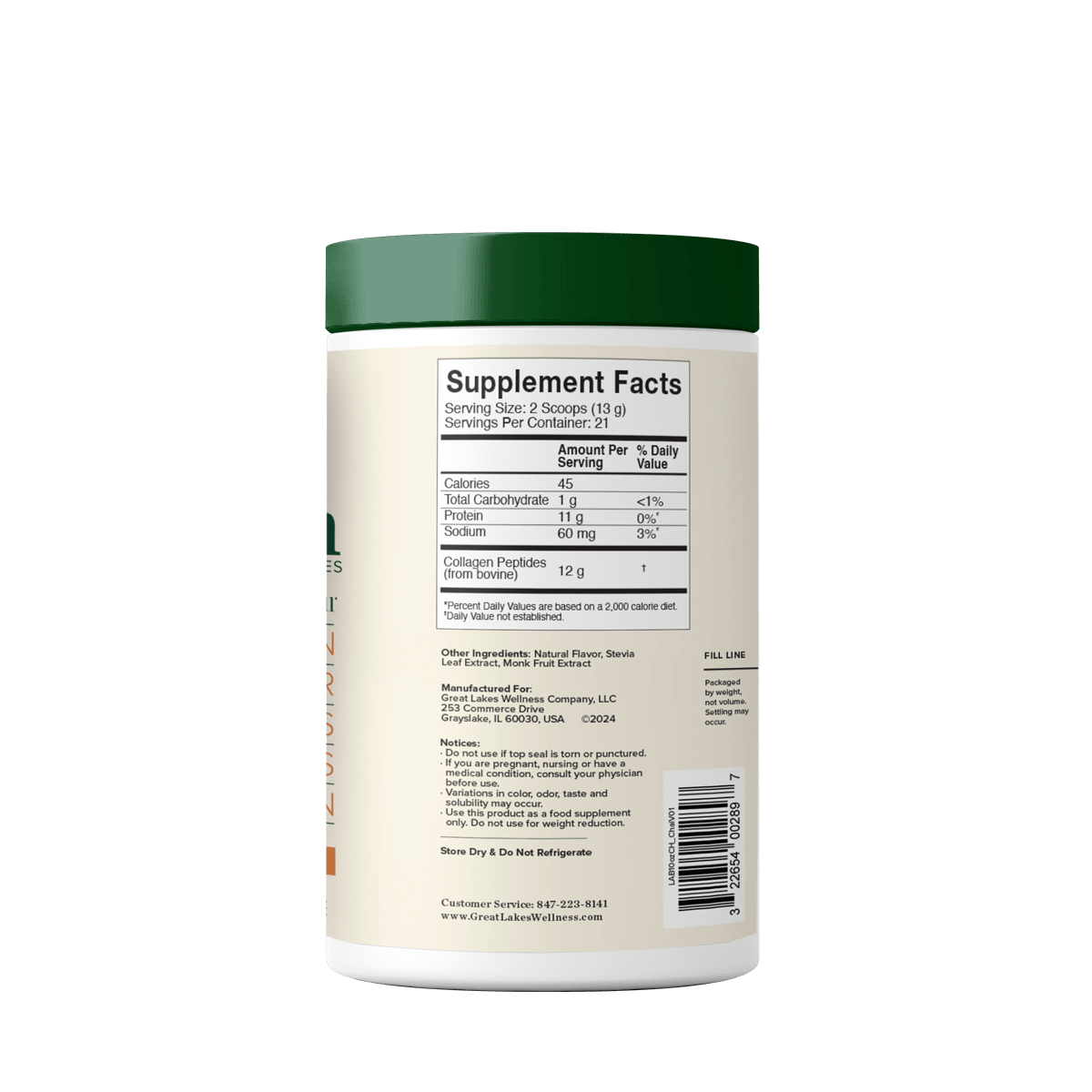 Chai Collagen Peptides container with 12g grass-fed collagen per serving, supporting skin, hair, nails, joints, and digestion.