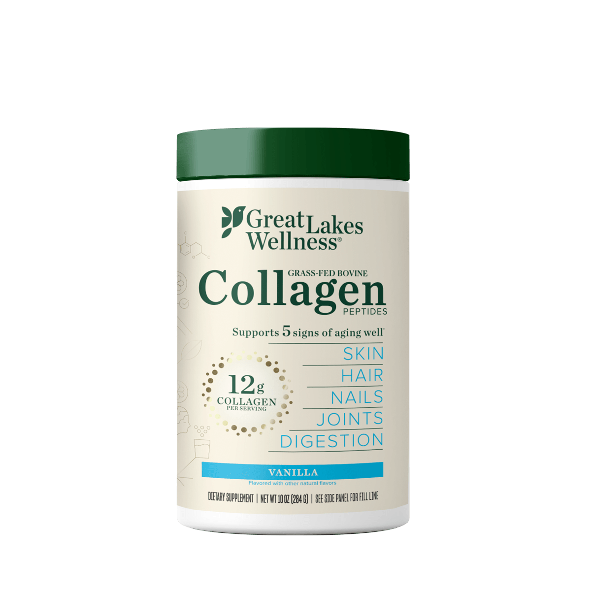 Vanilla Collagen Peptides container, 12g grass-fed collagen per serving, supports skin, hair, nails, joints, digestion, 21 servings.
