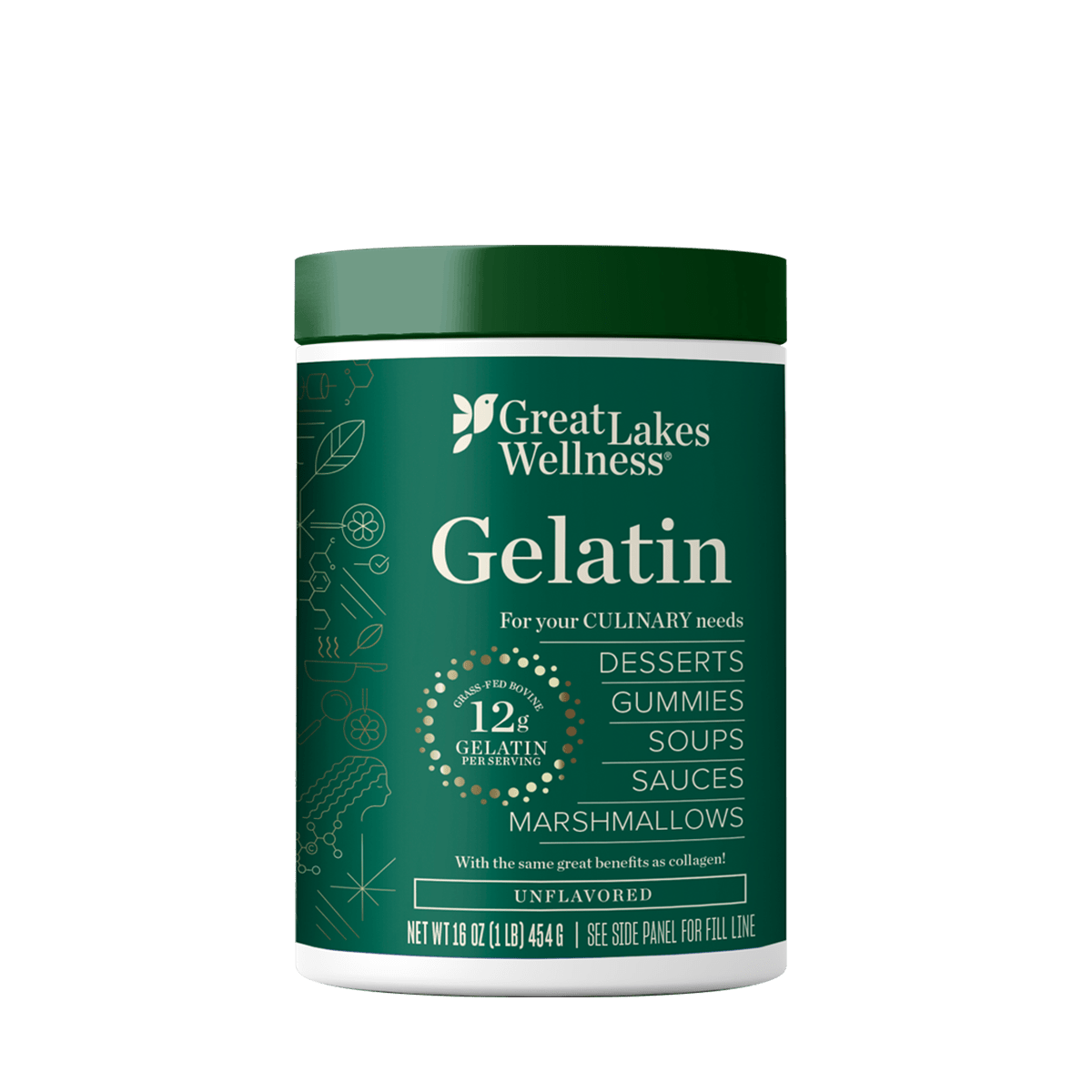 Grass-fed beef gelatin tub, 12g per serving, 37 servings, ideal for desserts and more.