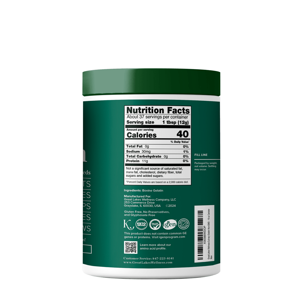 Beef Gelatin by Great Lakes Wellness, 37 servings of grass-fed gelatin, nutrition facts label shown.