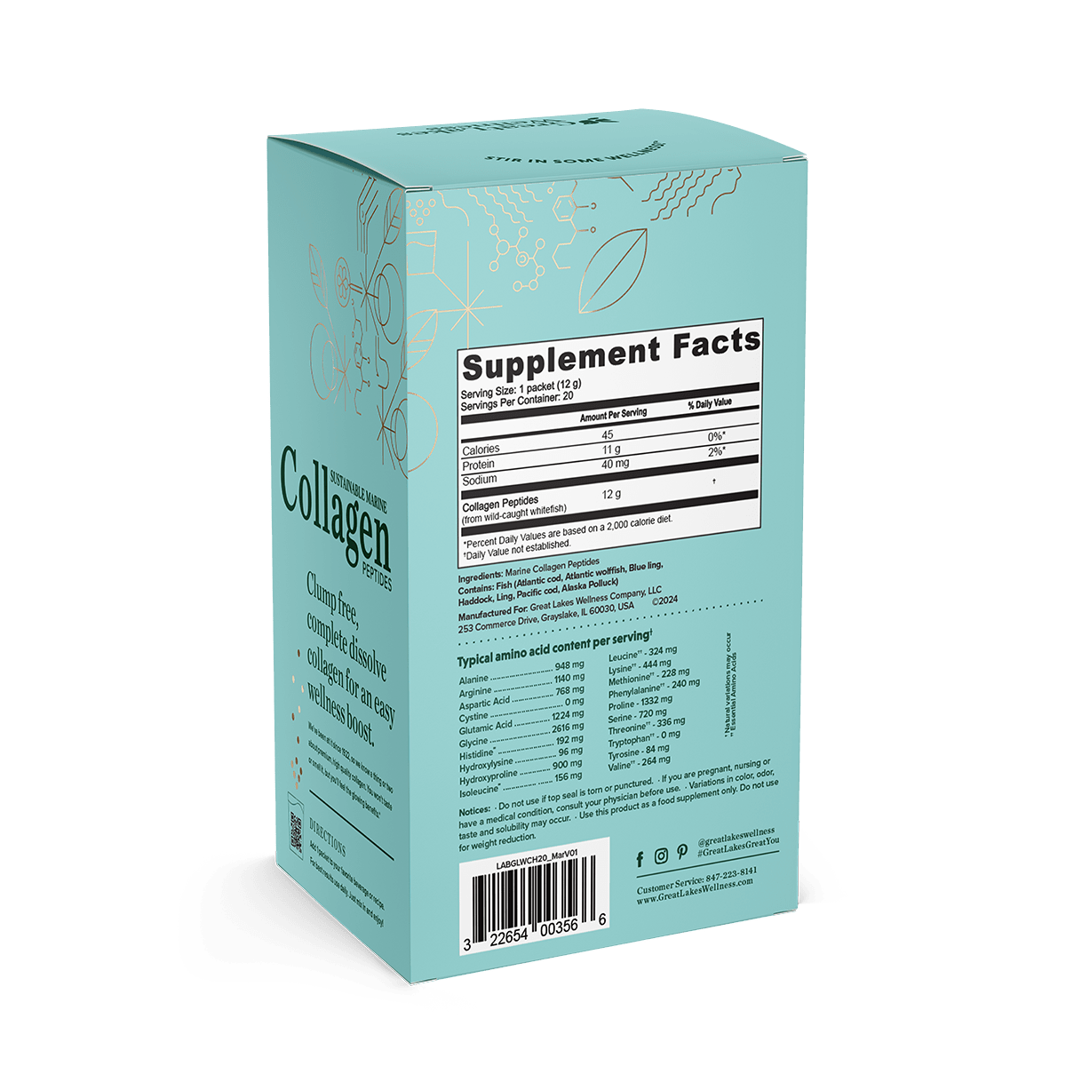 20ct Daily Marine Collagen Peptides Stick Pack - 12g collagen, MSC certified, sustainably sourced, 20 servings, dissolves in hot/cold drinks.
