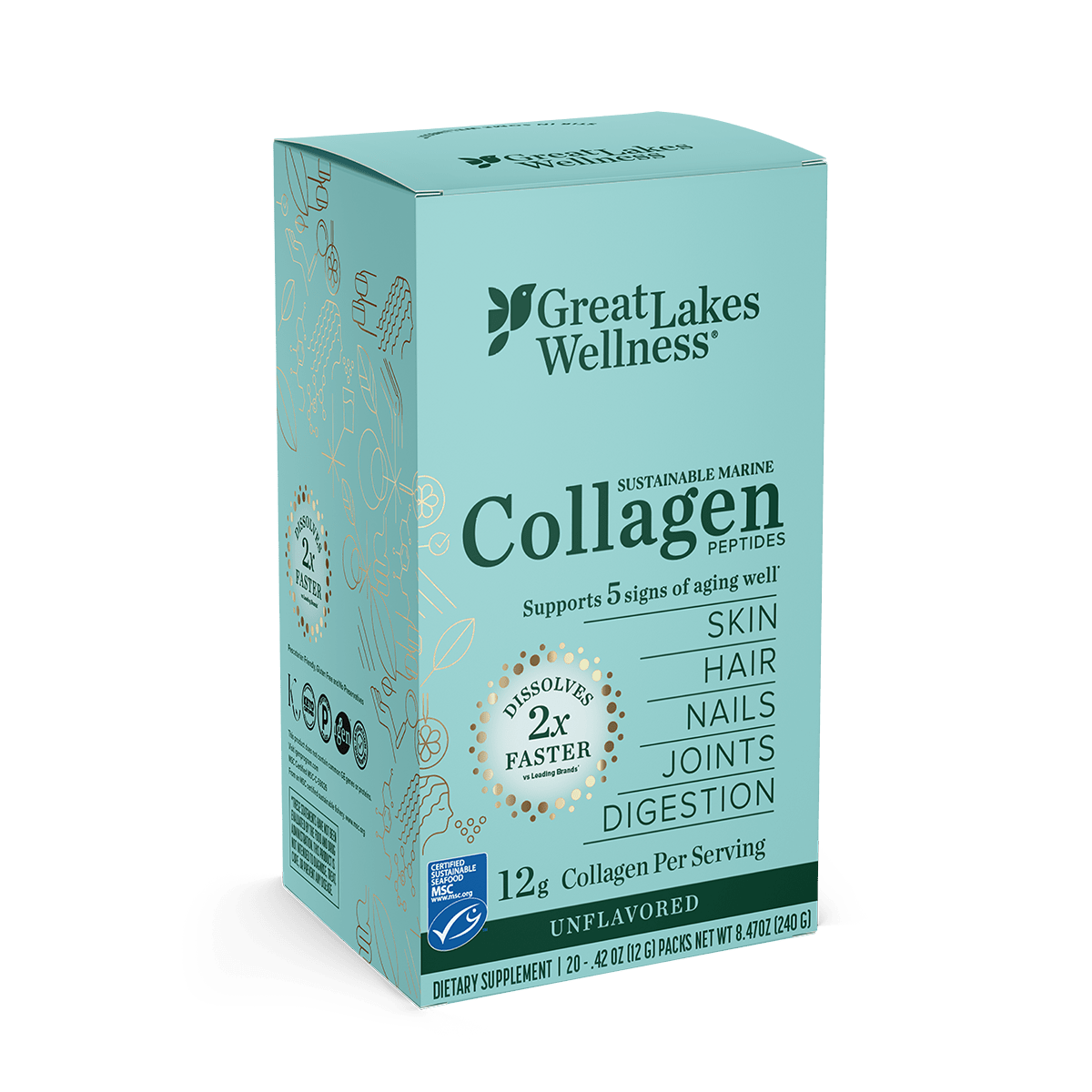 20ct Daily Marine Collagen Peptides Stick Pack, 12g per serving, supports hair, skin, nails, joints, MSC certified, sustainably sourced.