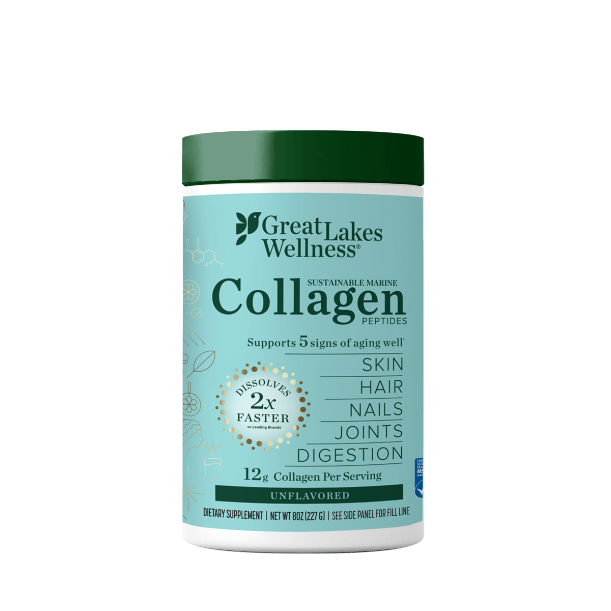 8oz Sustainable Marine Collagen Peptides tub, 12g per serving, supports skin, hair, nails, joints, digestion, MSC certified.
