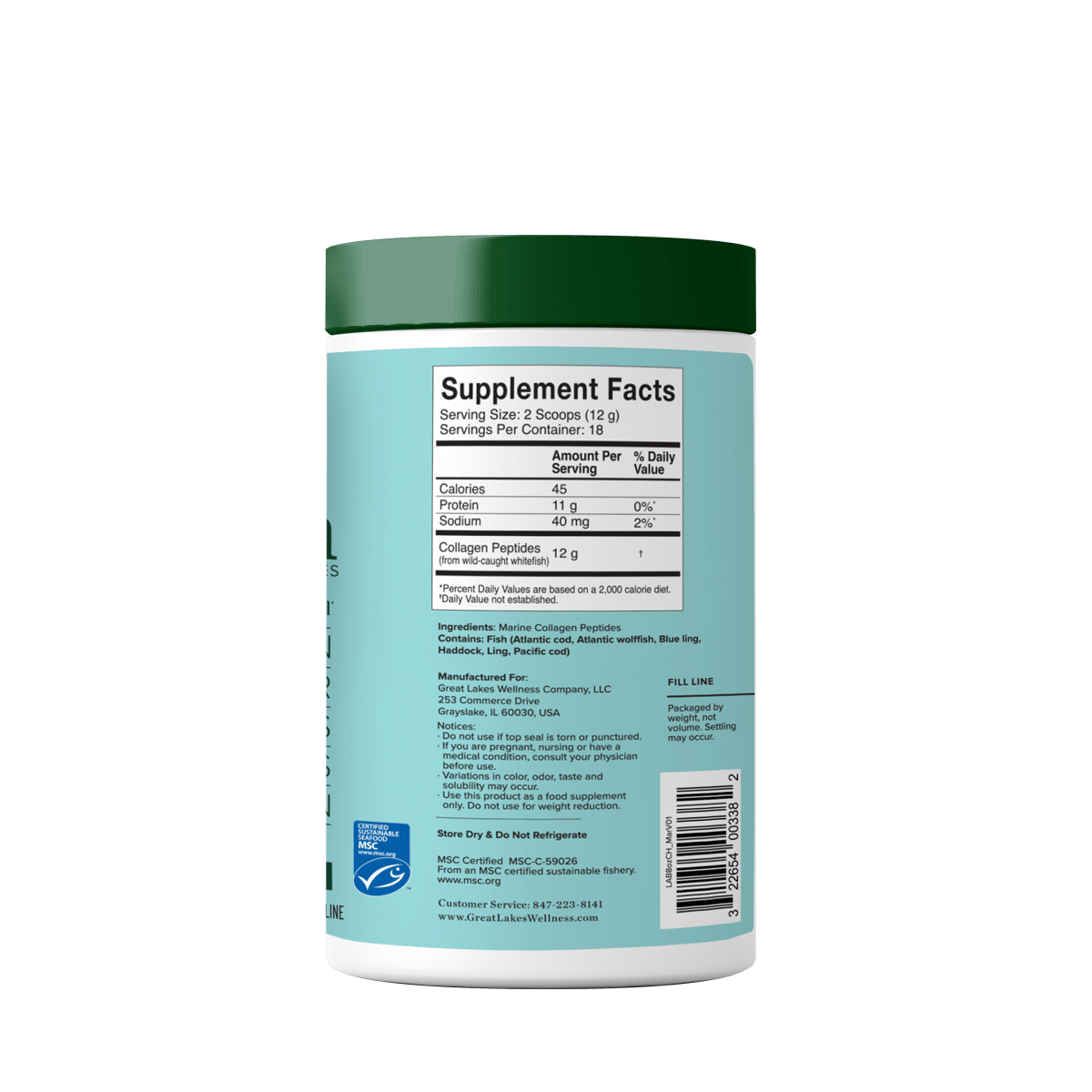 8oz sustainable marine collagen peptides tub with supplement facts label.