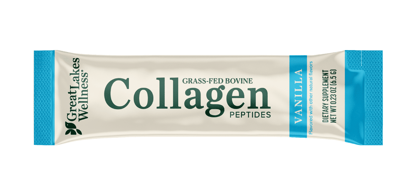 12ct Flavored Collagen Peptide Variety Pack in Vanilla flavor, featuring 6g collagen per serving for hair, skin, nails, and joints, 12 single servings.