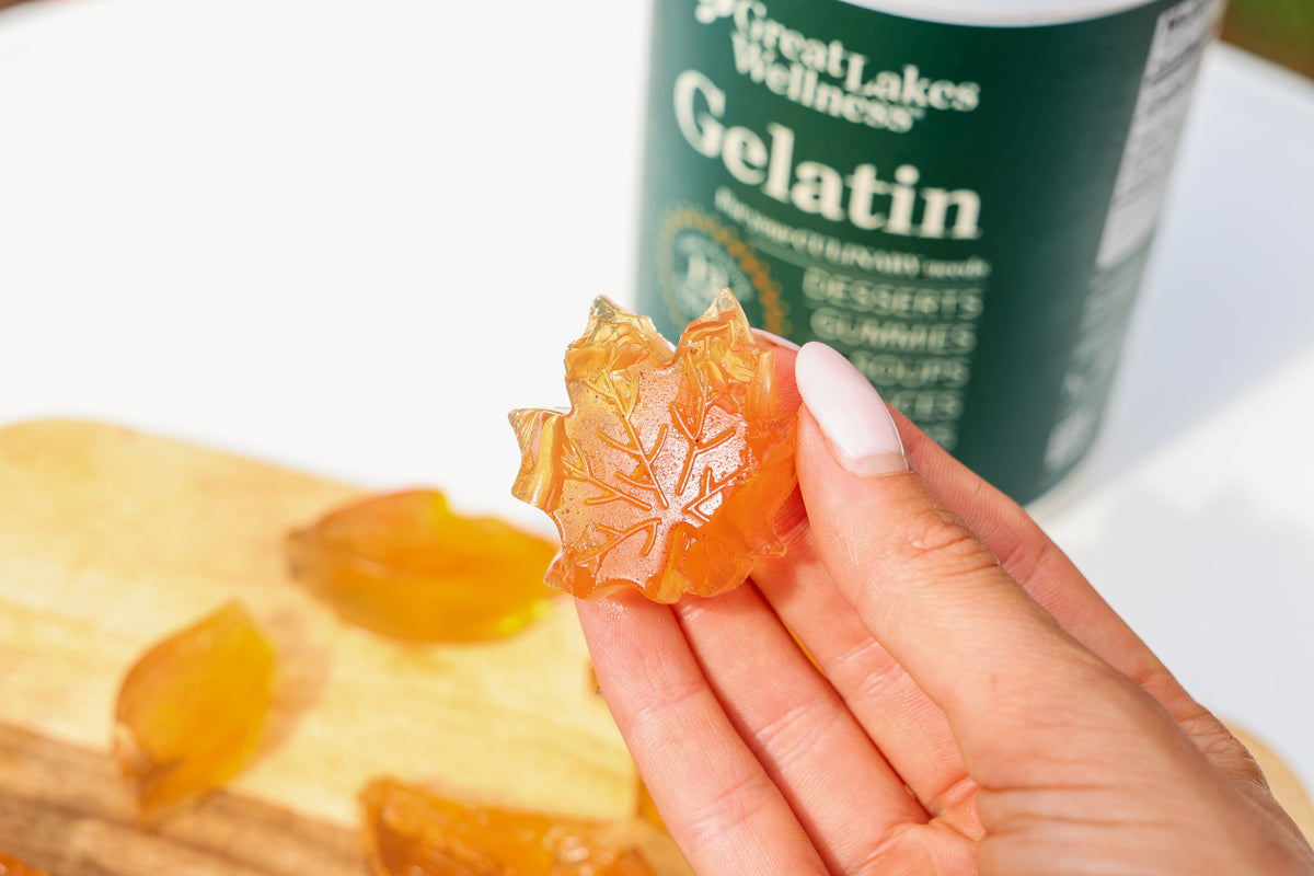 Maple leaf-shaped apple cider gummy with Great Lakes Wellness Beef Gelatin.