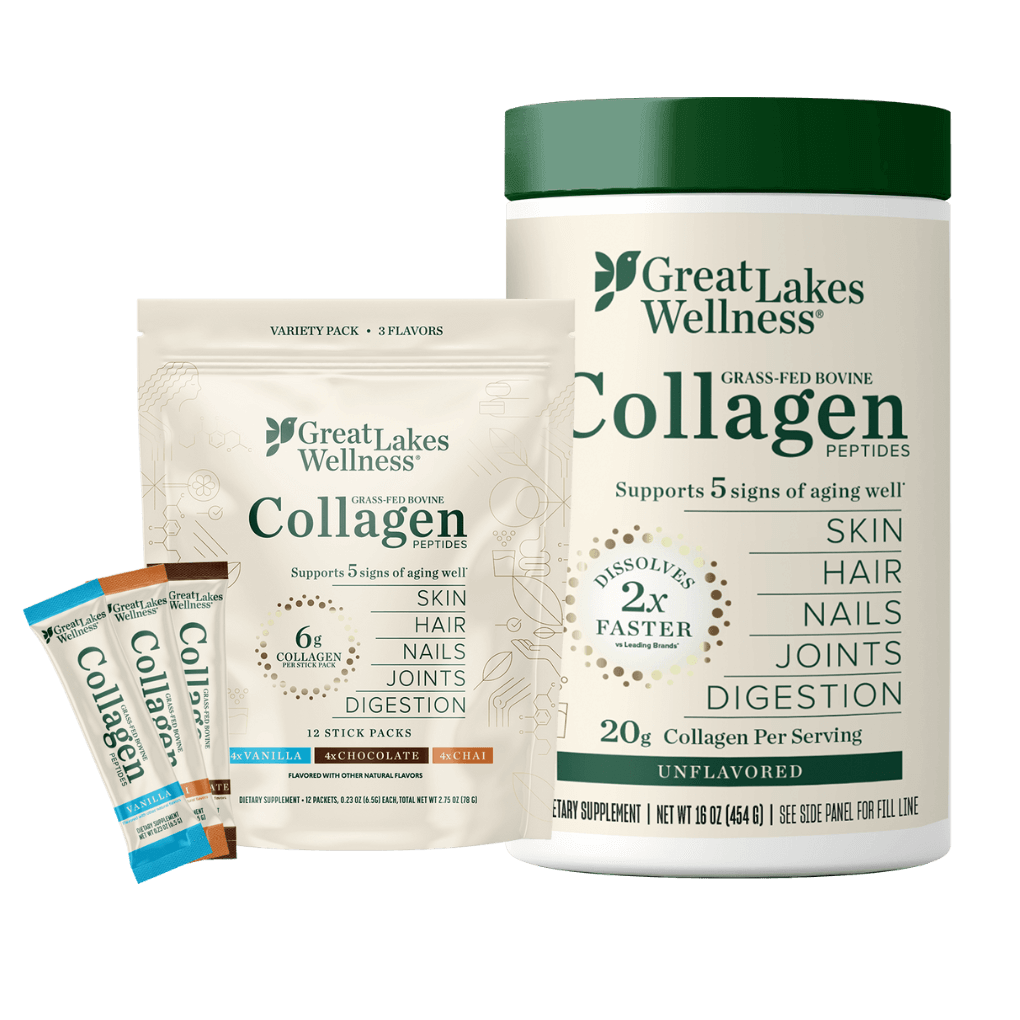 Great Lakes Wellness Collagen Starter Bundle with collagen peptides and flavored servings for skin, hair, nails, joints, and digestion support