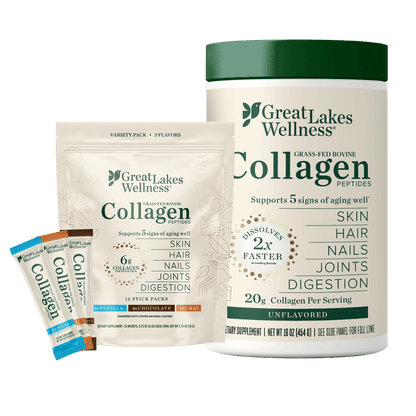 Great Lakes Wellness Collagen Starter Bundle with collagen peptides and flavored servings for skin, hair, nails, joints, and digestion support