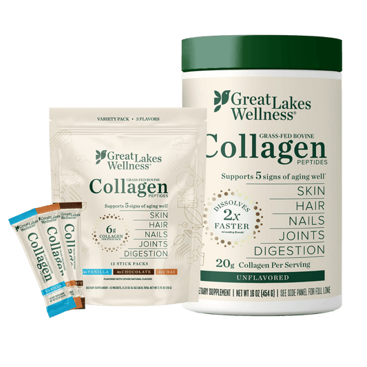 Great Lakes Wellness Collagen Starter Bundle with collagen peptides and flavored servings for skin, hair, nails, joints, and digestion support