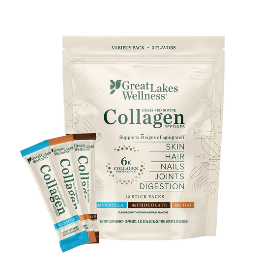 12ct flavored collagen peptide variety pack with vanilla, chocolate, and chai single-serving sticks for skin, hair, nails, joints, and digestion support