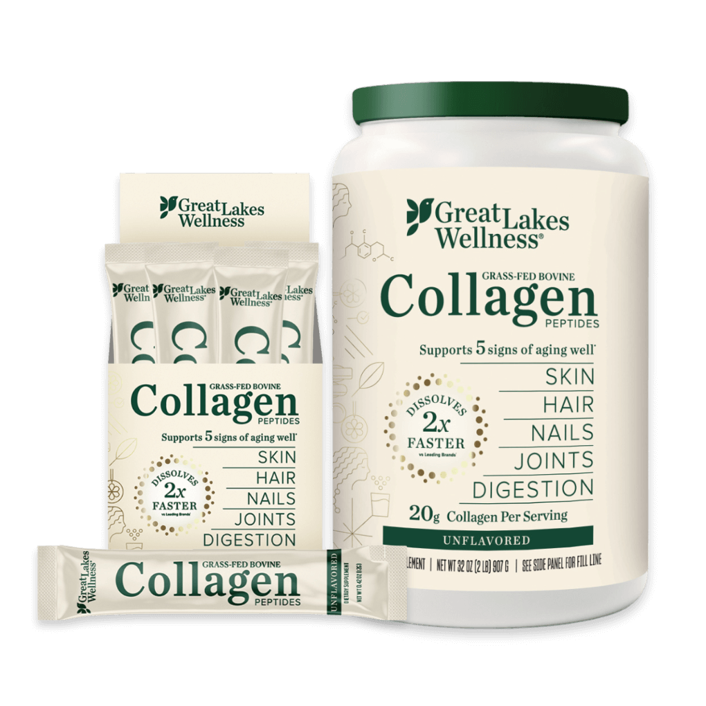 Collagen Convenience Bundle with 32oz collagen peptides tub and 20 single-serving stick packs from Great Lakes Wellness