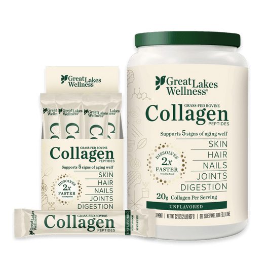 Collagen Convenience Bundle with 32oz collagen peptides tub and 20 single-serving stick packs from Great Lakes Wellness