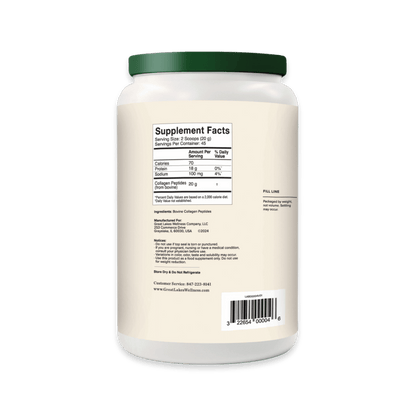 Back of 32oz Collagen Peptides supplement container showing supplement facts and ingredients label