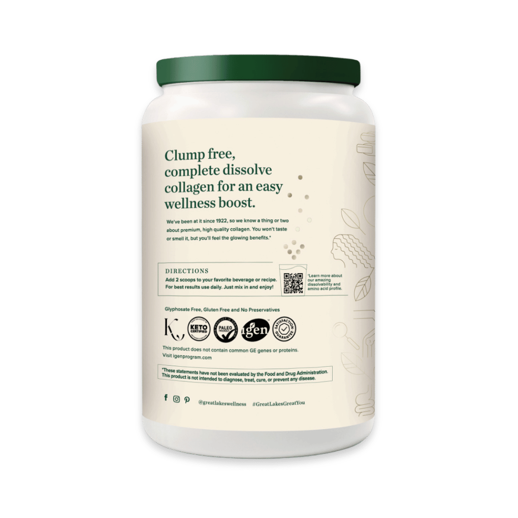 32oz Collagen Peptides container with clump-free, complete dissolve collagen for easy wellness boost, 20g grass-fed collagen per serving.