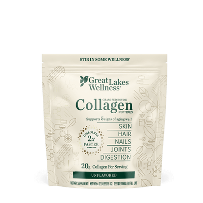 4lb Collagen Peptides by Great Lakes Wellness, grass-fed bovine collagen, supports skin hair nails joints digestion, dissolves fast, unflavored, 90 servings