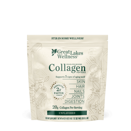 4lb Collagen Peptides by Great Lakes Wellness, grass-fed bovine collagen, supports skin hair nails joints digestion, dissolves fast, unflavored, 90 servings
