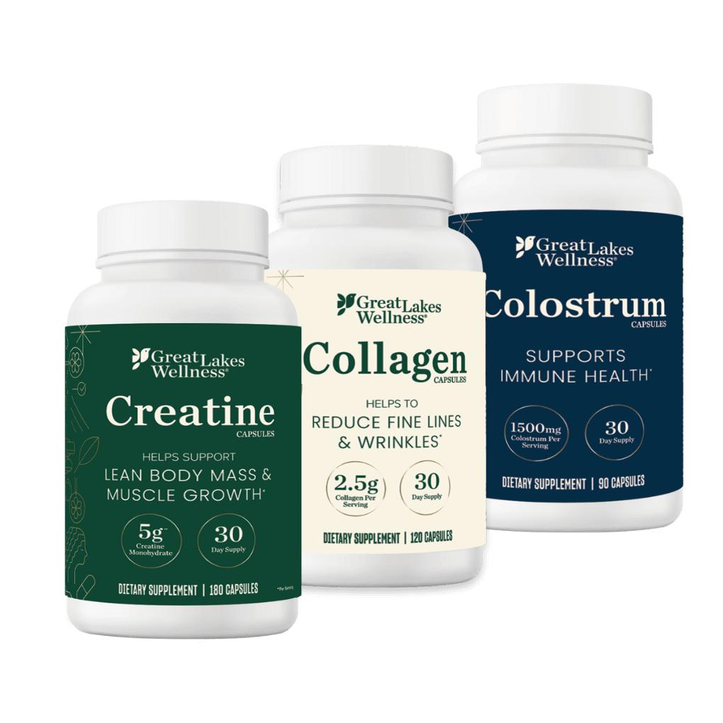 Great Lakes Wellness Capsules trio bundle with Creatine, Collagen, and Colostrum for strength, beauty, and immune support